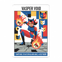 crea una carta 63x88 mm, no quiero bordes, la quiero las esquinas cuadradas. Sin coste, sin poder, sin capa  nombre central arriba: Vasper Void full art: , una mujer superheroe de fuego, con un cuerpo Pera (Triángulo): Caderas más anchas que los hombros. Pose: Agachada tras una gran caída. Una rodilla y una mano apoyadas en el suelo fracturando el pavimento, la otra pierna estirada hacia atrás y el otro brazo semi-levantado o listo para atacar. La mirada fija e intensa hacia el frente. Descripción central abajo: Continuo: Si hay un aliado aquí, +4 de PODER.