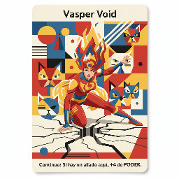 crea una carta 63x88 mm, no quiero bordes, la quiero las esquinas cuadradas. Sin coste, sin poder, sin capa  nombre central arriba: Vasper Void full art: , una mujer superheroe de fuego, con un cuerpo Pera (Triángulo): Caderas más anchas que los hombros. Pose: Agachada tras una gran caída. Una rodilla y una mano apoyadas en el suelo fracturando el pavimento, la otra pierna estirada hacia atrás y el otro brazo semi-levantado o listo para atacar. La mirada fija e intensa hacia el frente. Descripción central abajo: Continuo: Si hay un aliado aquí, +4 de PODER.