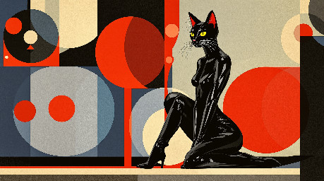 The great egyptian cat goddess bastet in a black leather catsuit and boots